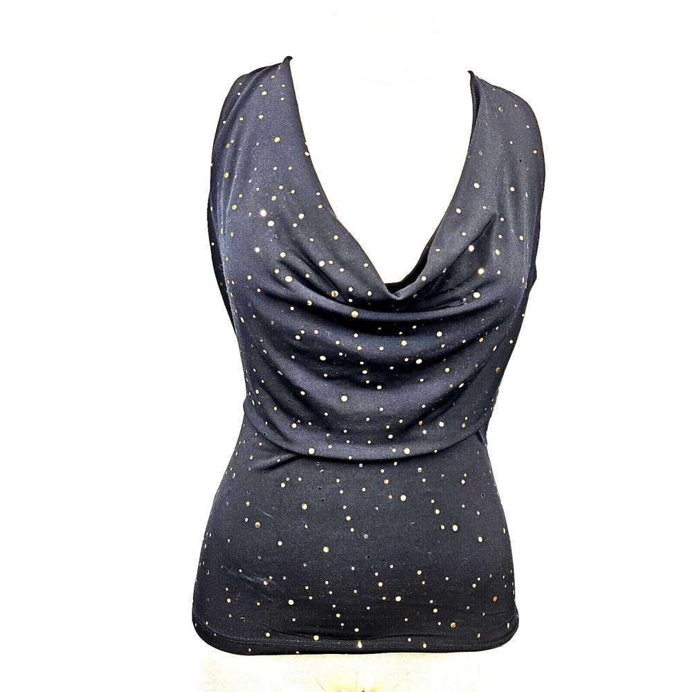 Rampage Cowl Neck Party Tank Women S Black Gold Polka Dot Jersey Glitter Y2K